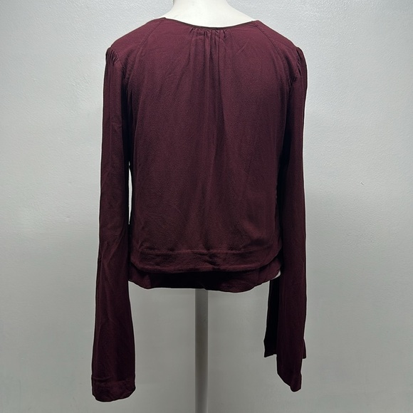 Free People Crop Top Cropped Long Sleeve Blouse V Neck Crepe Boho Maroon Size XS - Picture 5 of 9